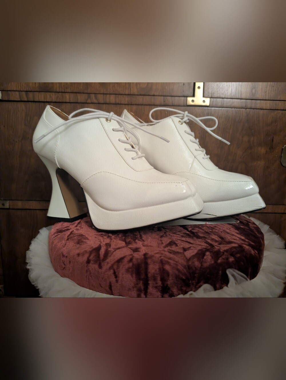 White Platform Lace-Up Heeled Shoes Women's Fashion Shoe Square Toe Disco 70's